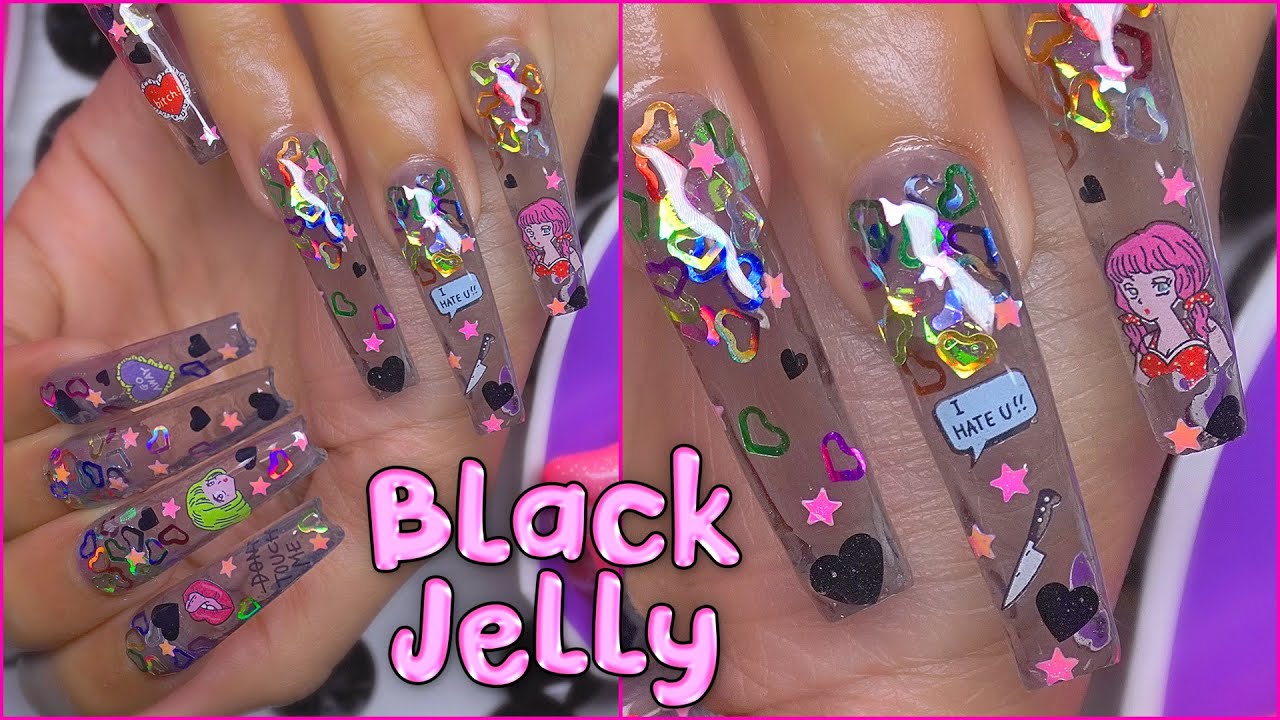 🔪💔Anti-Vday Black Jelly Nails! Decals, Glitter Encapsulation, Cute Yandere 🔪💔