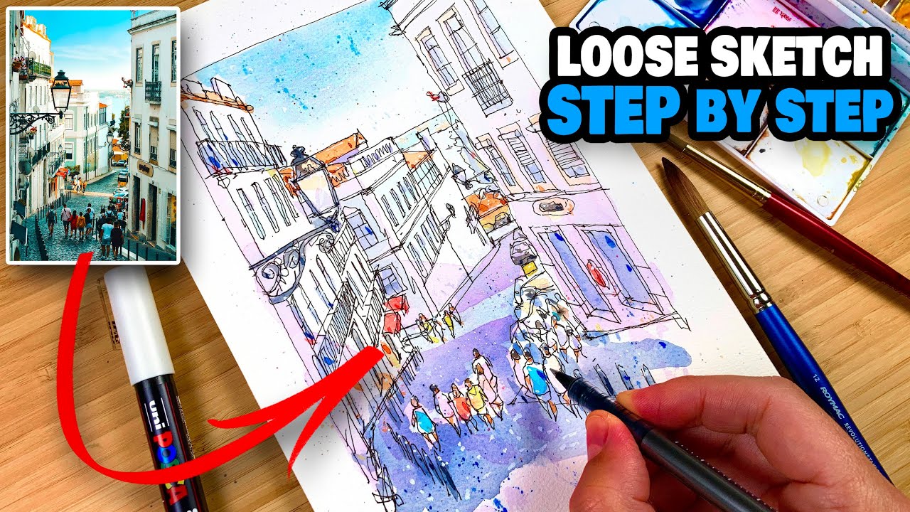 How to Sketch a STREET DOWNHILL (Loose Urban Sketching Step By Step)