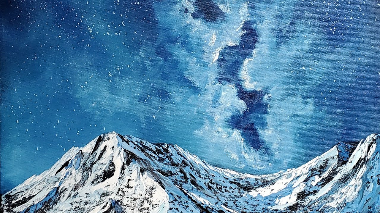 Milky way and snowy mountain painting.