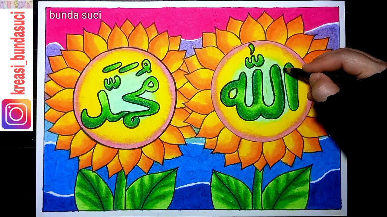 Cara menggambar dan mewarnai kaligrafi Allah Muhammad untuk pemula - bunda suci