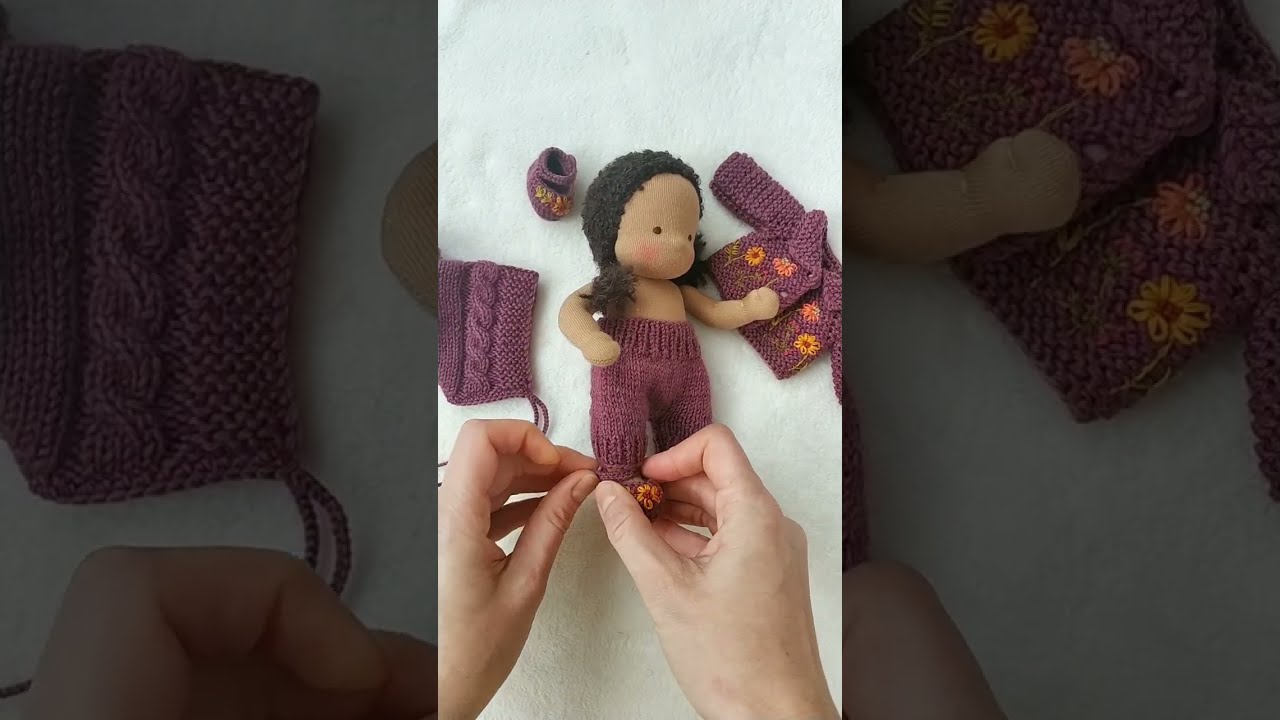 Embroidered knitted clothes set for a 7 inch (18 cm) Waldorf baby doll