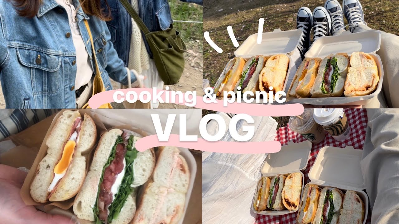 【vlog】手作りベーグルサンドで幼なじみとお花見ピクニック🌸/双子コーデでお散歩🧺/ランチボックス/スタバ/おしゃピク【cooking vlog】