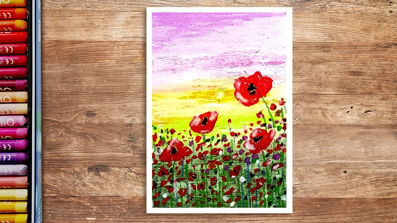 Kolay pastel boya çalışması gelincik tarlası çizimi | Easy oil pastel drawing poppy field