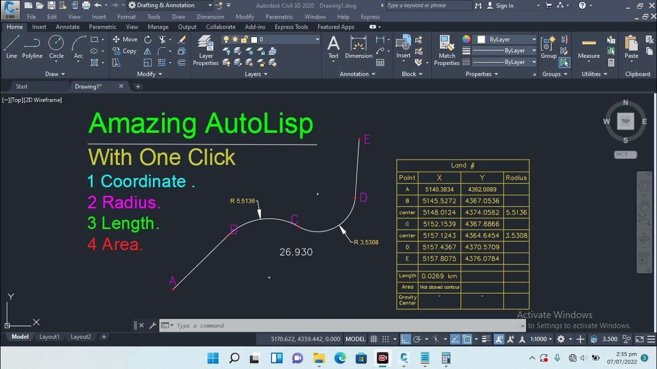 How to display coordinate radius length area with AutoLisp.