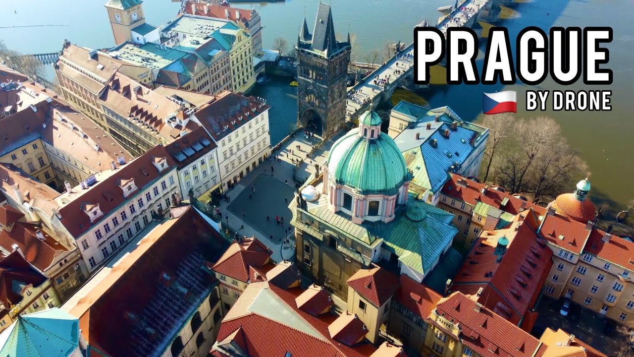 4K Prague, Czech Republic by Drone - Aerial Flying Over Praha Historical Old City