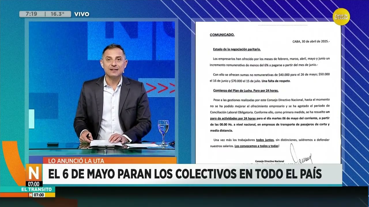 UTA anuncia un paro de colectivos en todo el país por 24 hs. para el 6 de mayo │N7:00│ 01-05-25