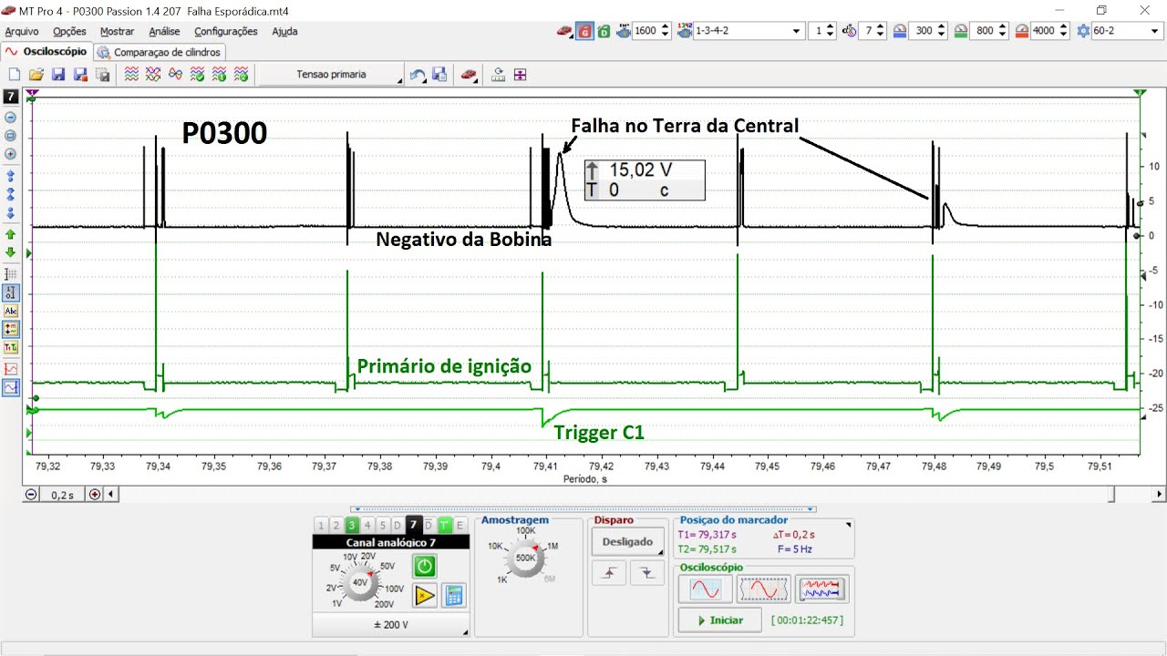 P0300 Trocaram 3 Bobinas, Passion 1.4 Falha esporádica, Osciloscopio MT Pro 4.1