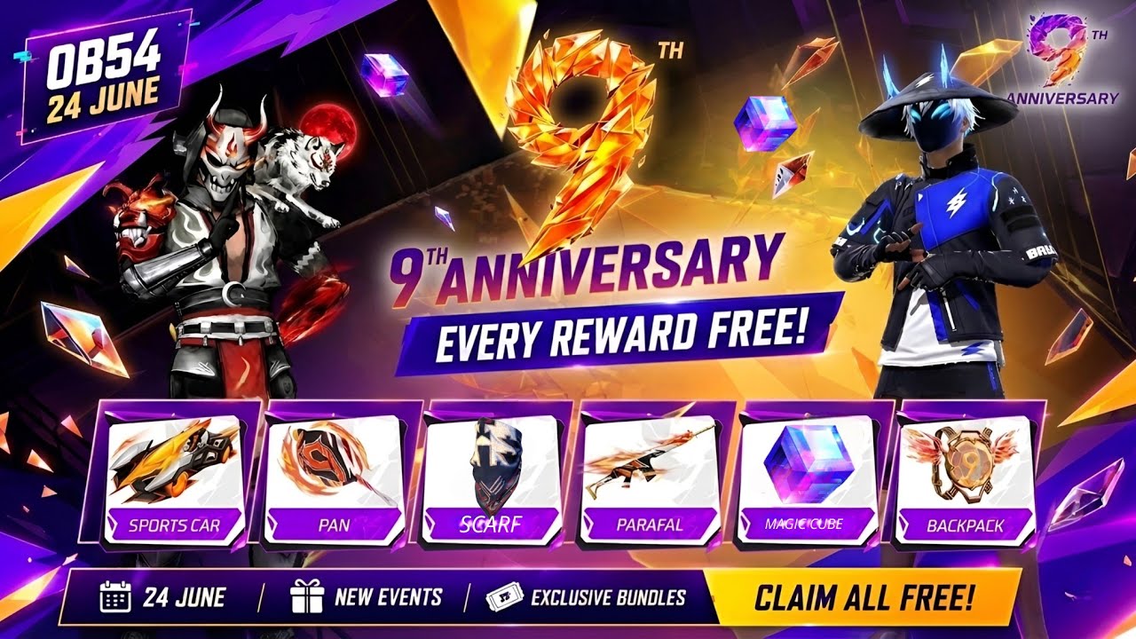 9th ANNIVERSARY REWARD FREE FIRE, OB54 UPDATE, LOL EMOTE RETURN, FREE FIRE NEW EVENT, FF NEW EVENT