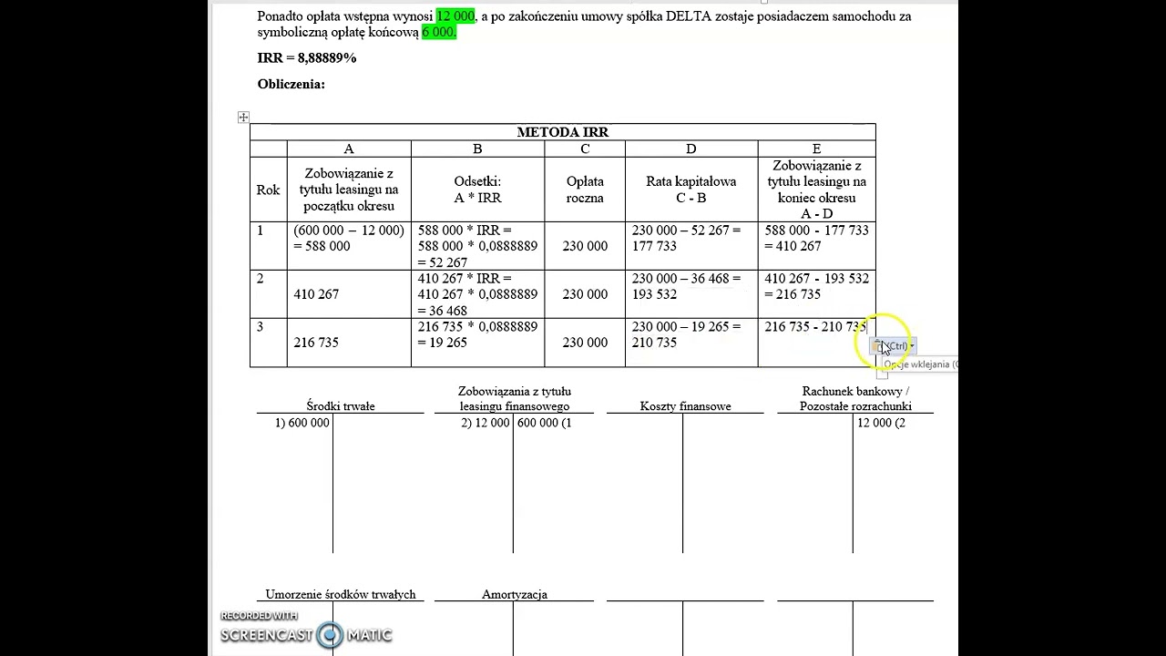 Odcinek 15.4. Leasing finansowy - podział rat metodą IRR i księgowanie.