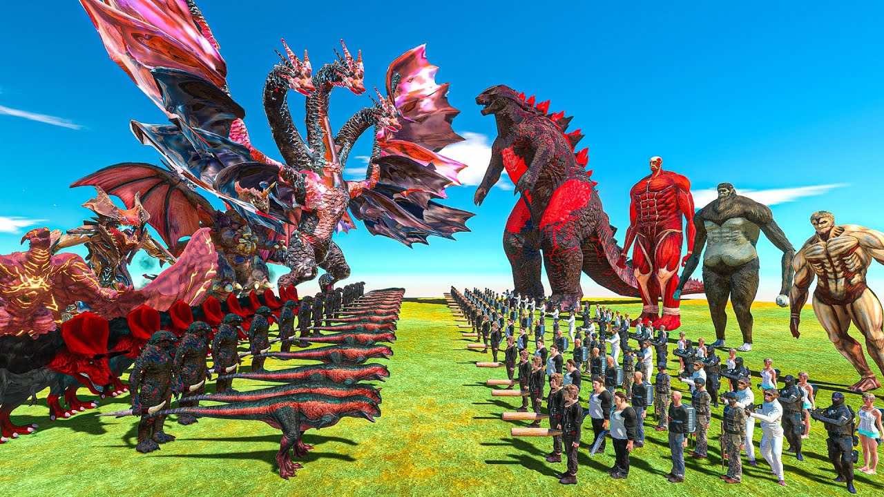 Team Dinosaur + Pink King Ghidorah VS Legendary Burning Godzilla + Team Colossal Titan - ABRS
