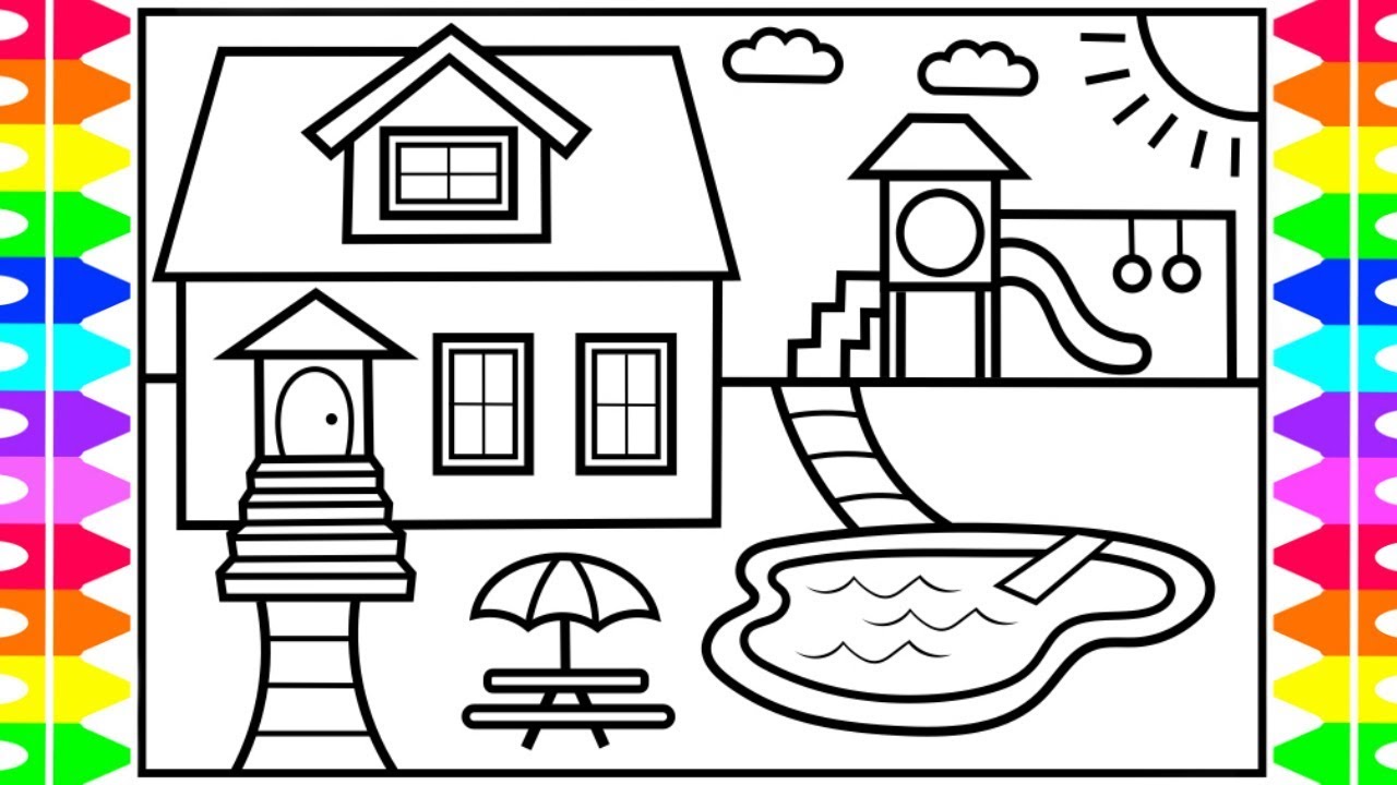 How to Draw a House with a Pool for Kids 💚💙💜 House with Pool Drawing and Coloring Pages for Kids