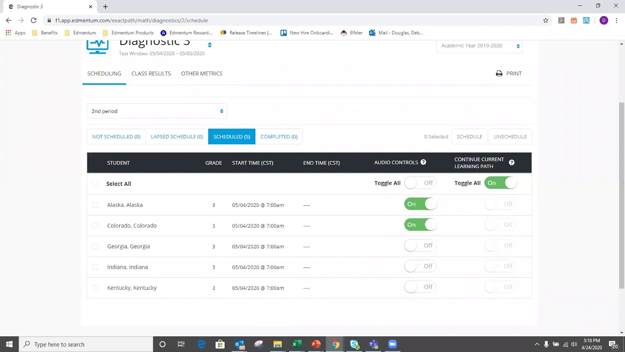 Exact Path: Schedule Diagnostics and Modify Student Diagnostic Settings