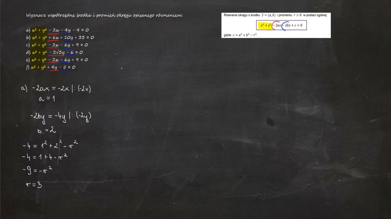6.55. Wyznacz współrzędne środka i promień okręgu opisanego równaniem: a) x² + y² - 2x - 4y - 4 = 0