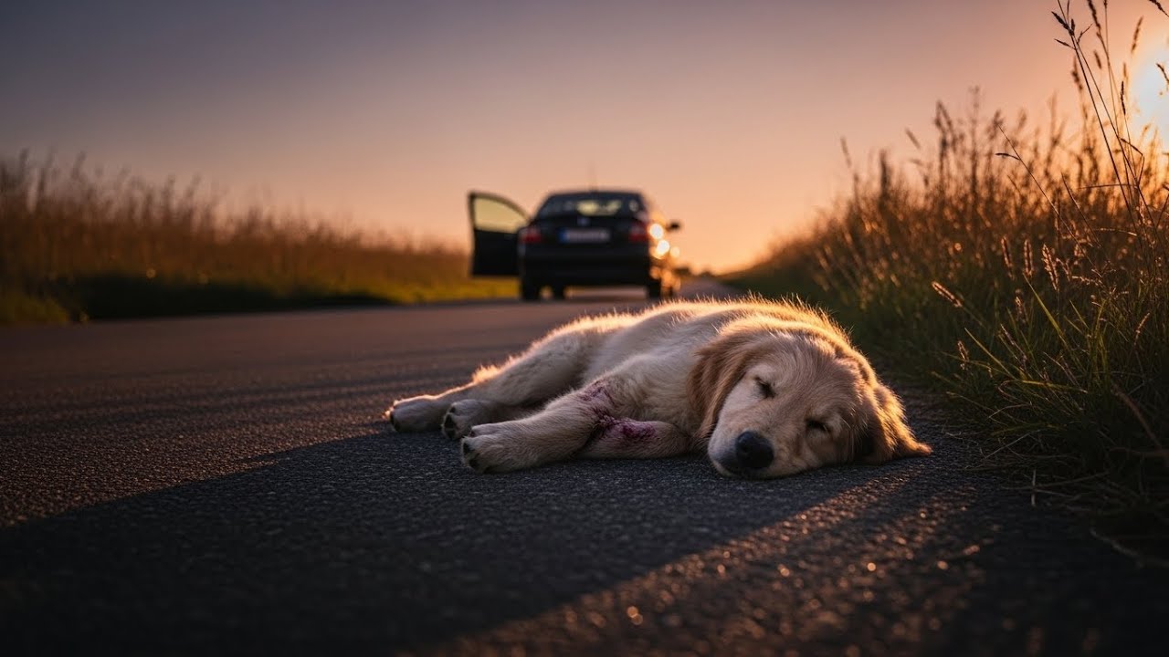 Rescuing an injured golden retriever puppy from the road.