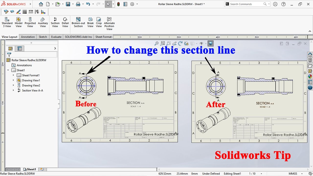 How to change the section line in solidworks Drawing | Solidworks tip