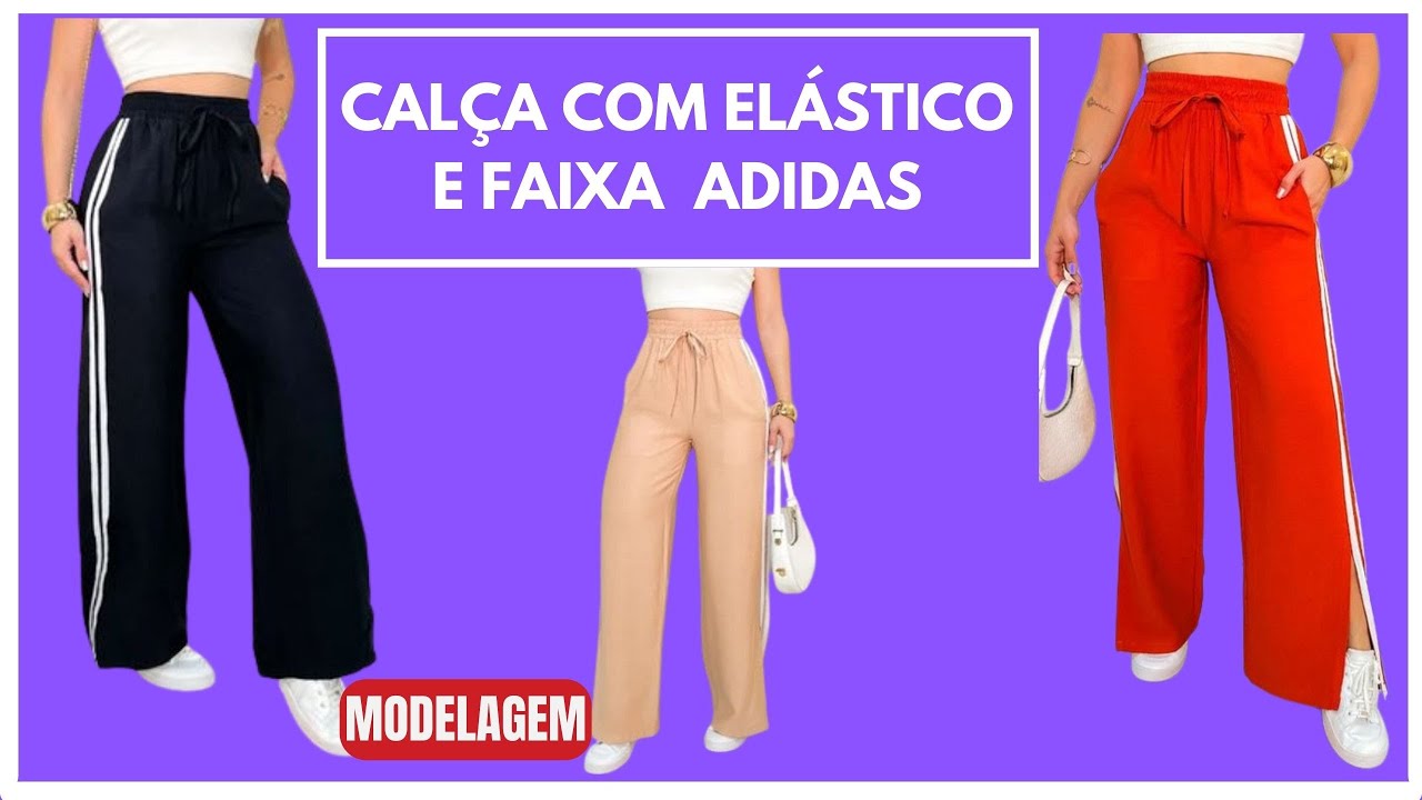 Calça com elástico e faixa adidas - modelagem