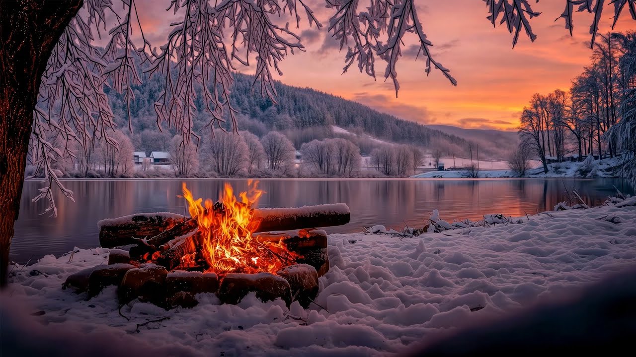 12H Winter Campfire by the Frozen Lake 4K 😴❄️ Deep Sleep & Relaxation