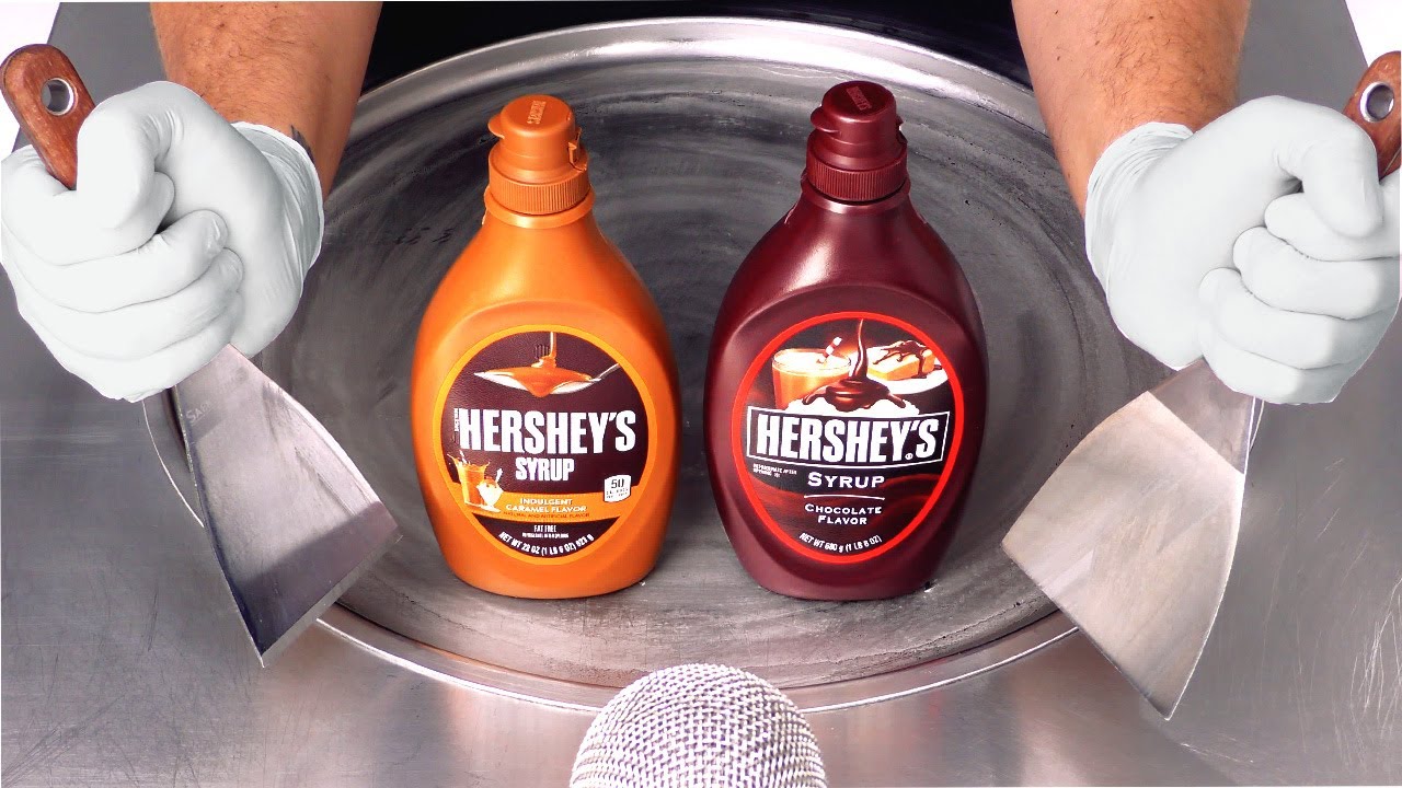 ASMR | how to make Dessert Sauce to Ice Cream Rolls - with Hershey's Caramel & Chocolate Syrup
