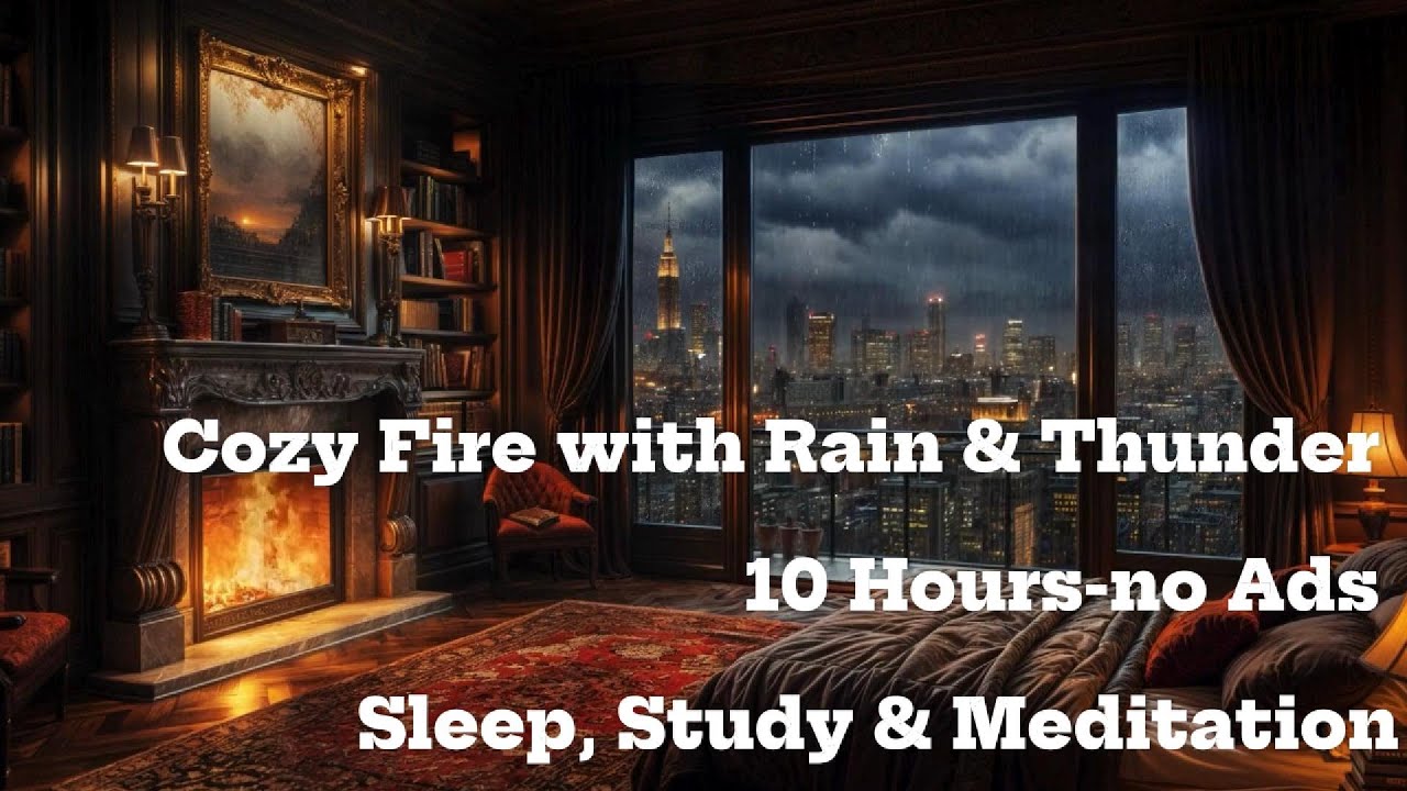 Cozy Fireplace with Rain & Thunder| 10 Hours - No Ads | Sleep , Relax , Study