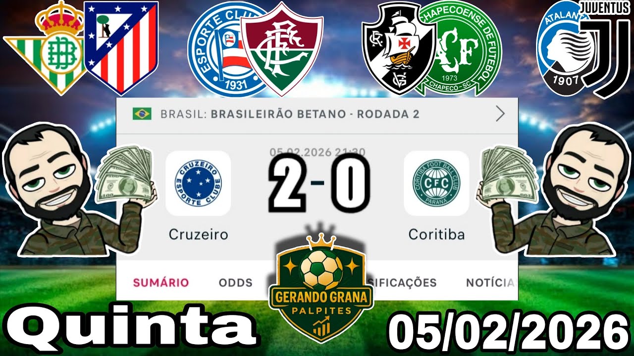PALPITES DE FUTEBOL PARA HOJE 05 02 2026 QUINTA - FEIRA COM PLACARES EXATOS, BILHETE PRONTO + ZEBRA