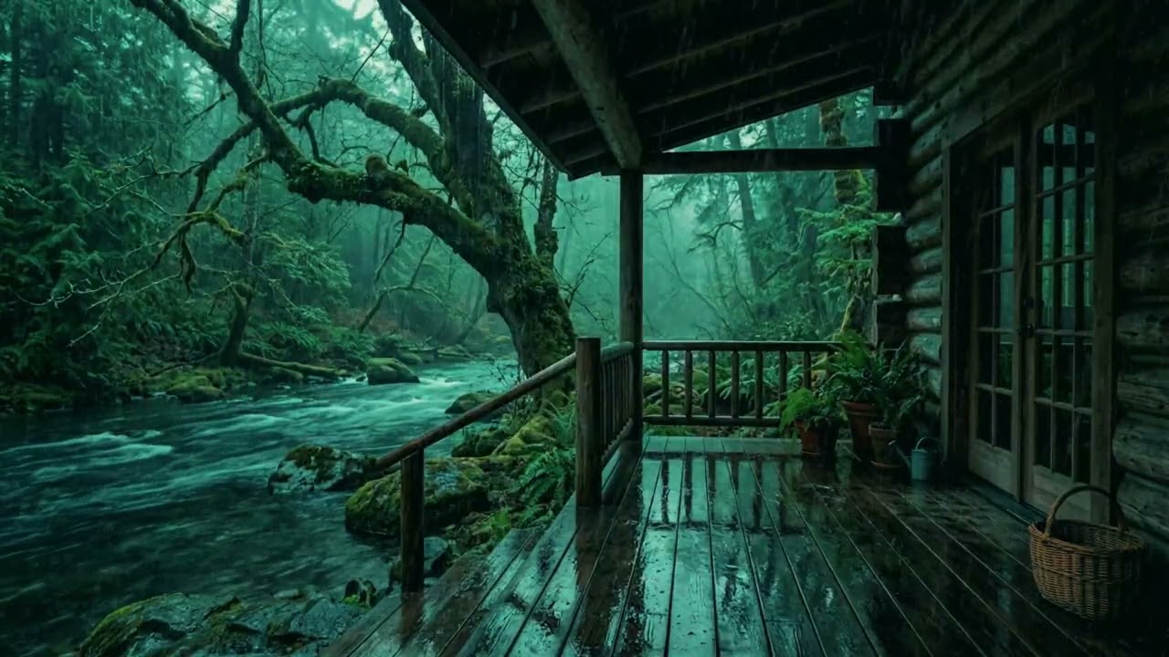 🌧️ Cozy Cabin Porch Rain by the River (4K) | Deep Sleep & Relaxing Nature Sounds 😴🌲