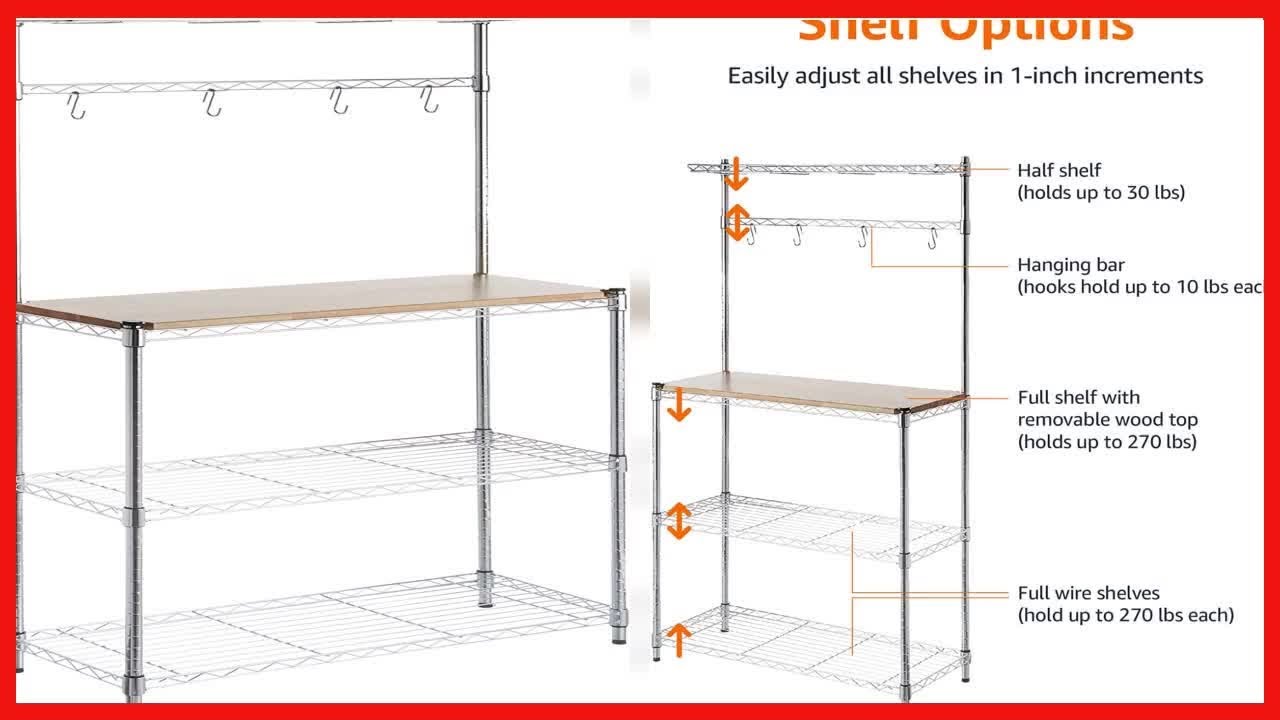 Amazon Basics Kitchen Storage Baker's Rack with Removeable Top, Chrome/Wood (36L x 14W x 63H)