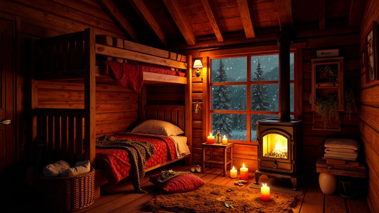 Quiet Bunk Bed Night by a Wood Stove with Candlelight | Shelter Ambience for Peaceful Sleep