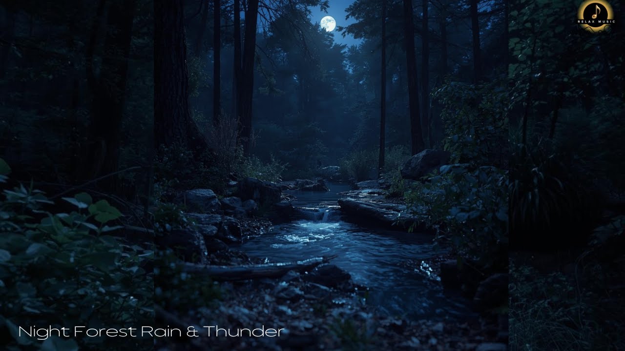 Night Forest Rain & Thunder 🌧️🌲 Crickets and Water Sounds for Deep Sleep No Music