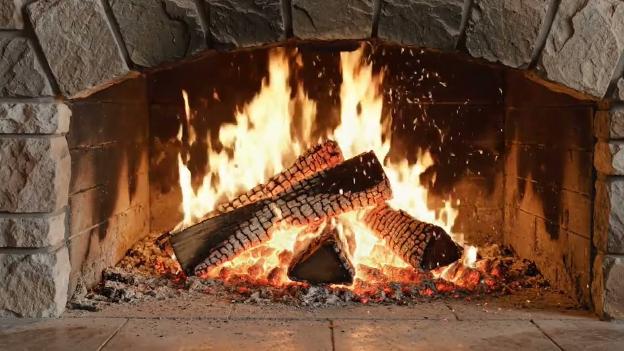 Massive Stone Fireplace Crackling Fire 🔥 12 Hours Cozy Sleep Ambience
