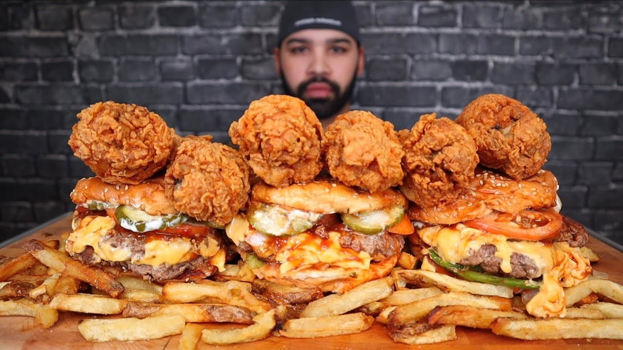 ASMR FIVE GUYS LOADED DOUBLE CHEESE BURGERS, FRIED CHICKEN DRUMSTICKS, AND FRIES MUKBANG