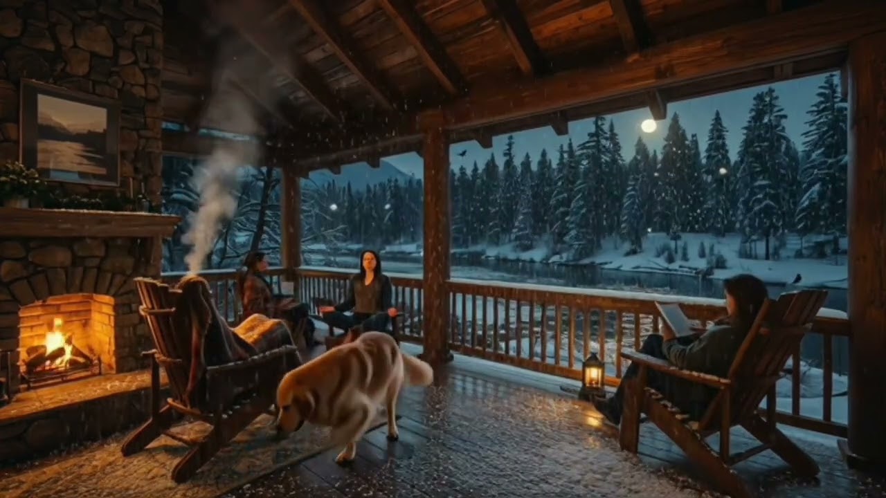 Perfect Winter Evening ❄️ Snowy Cabin, River & Fireplace Sounds#winterevening#snowfallambience