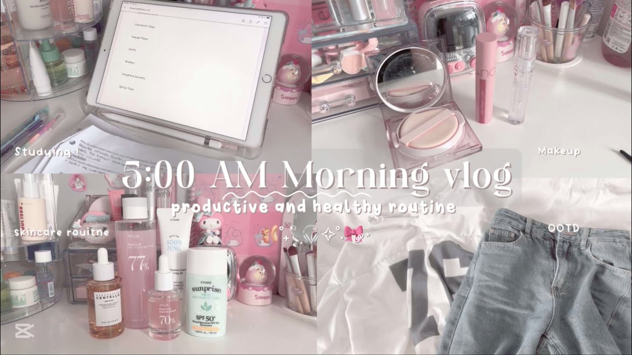 Waking up at 5am vlog ~ ೀ productive, self care, Korean skincare, studying, morning routine&hellip;