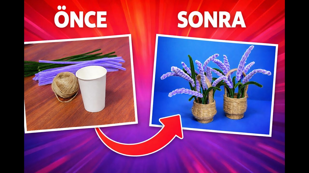 Kağıt Bardak ve Jüt İple Saksı Yapımı 🌿 Şönil Telden Lavanta | Kendin Yap Dekorasyon