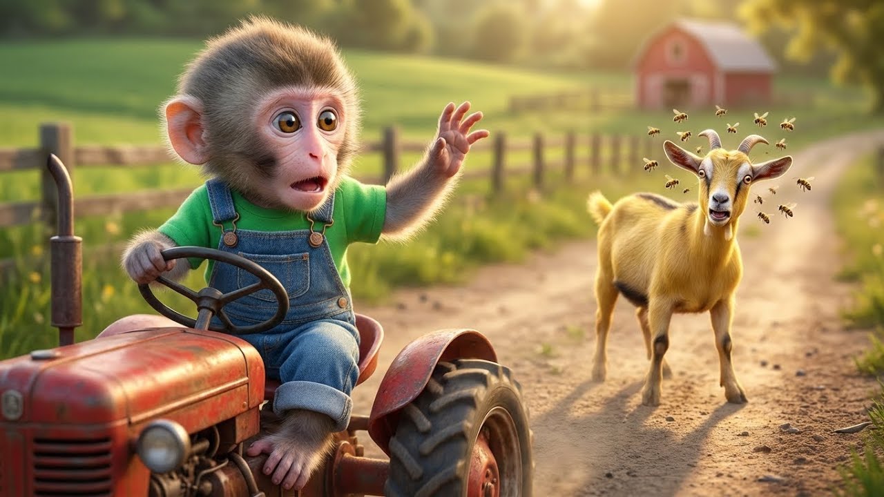 Baby Monkey’s Tractor Rescue: Goat Attacked by Angry Bees! 🐒🐐🐝