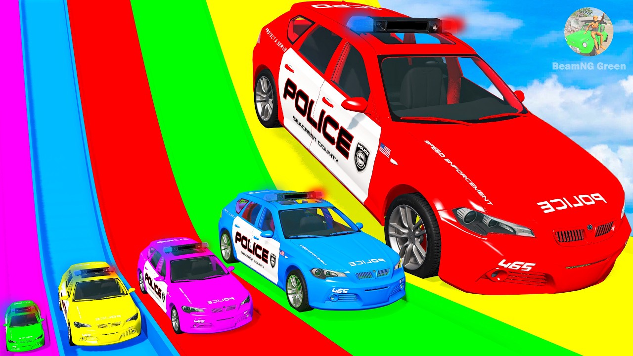 Giant & Small Police Car vs Portal Trap with Slide Colors &ndash; Cars vs Trains &ndash; BeamNG.Drive
