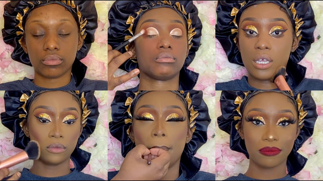 Gold Glitter Cut Crease Birthday Glam w| Bold Red Lip | Client Tutorial | @CakedByMax