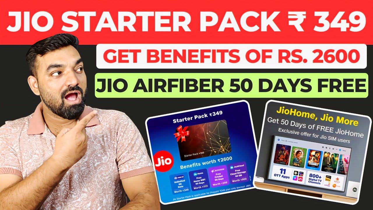 Jio Starter Pack ₹349 | Jio Airfiber 50 Days Offer | 90 Days JioHotstar | 50GB JioAi Cloud #jio 