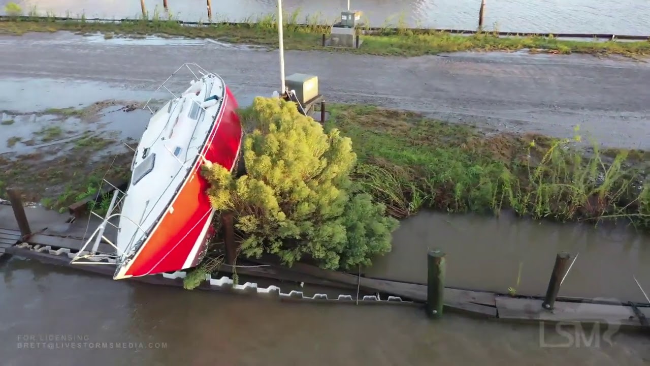 10-10-2020 Cypremort Point, La Hurricane Delta damage, wall collapse, boats washed ashore, drone
