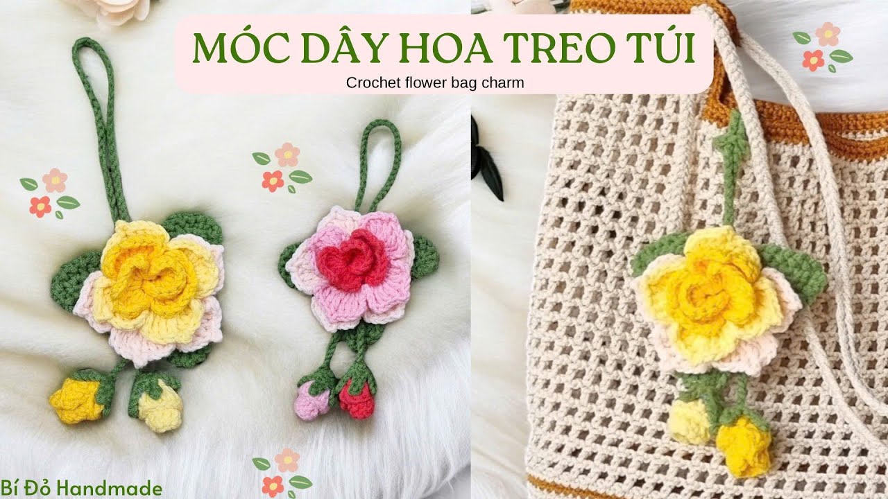 B&agrave;i 487: Crochet flower charm | M&oacute;c d&acirc;y hoa hồng trang tr&iacute; | Bi Do Handmade