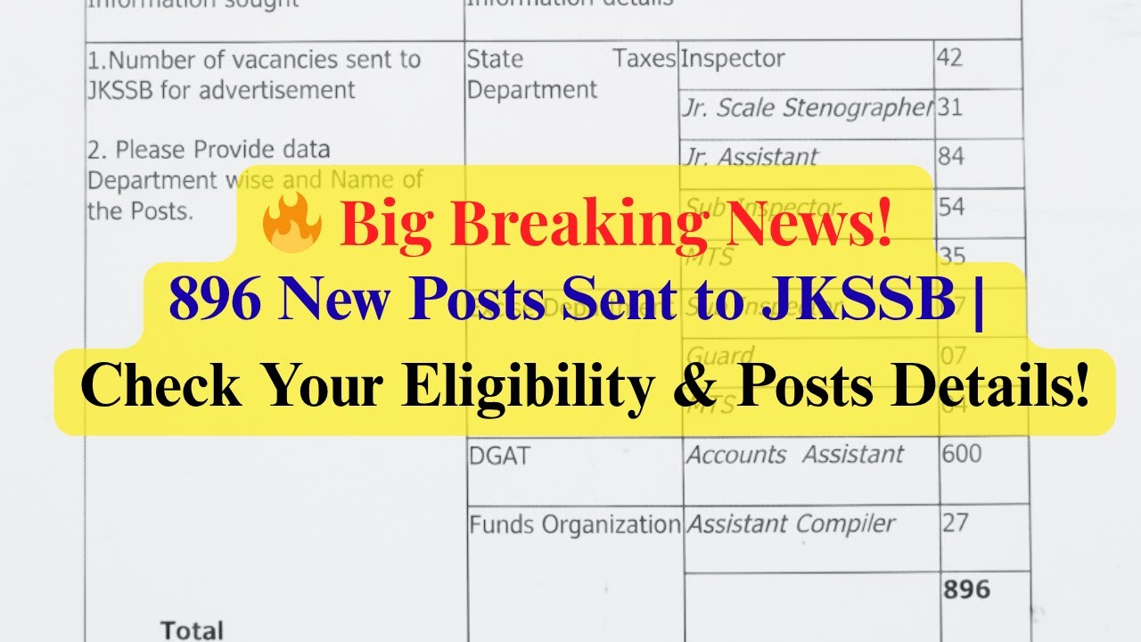 🔥 Big Breaking News! 896 New Posts Sent to JKSSB | Check Your Eligibility & Posts Details!