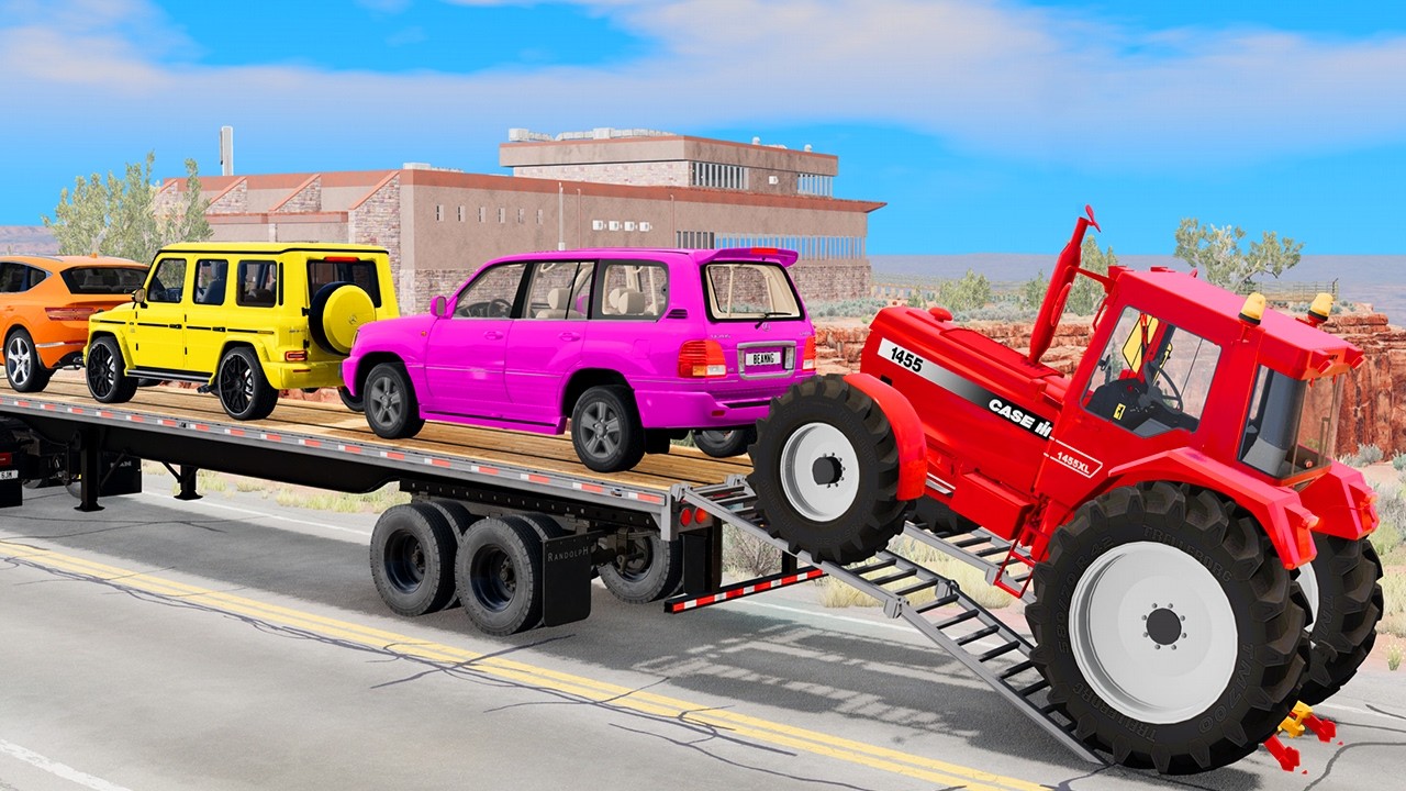 Double Flatbed Trailer Truck vs Speedbumps Train vs Cars | Tractor vs Train Beamng.Drive episode 03