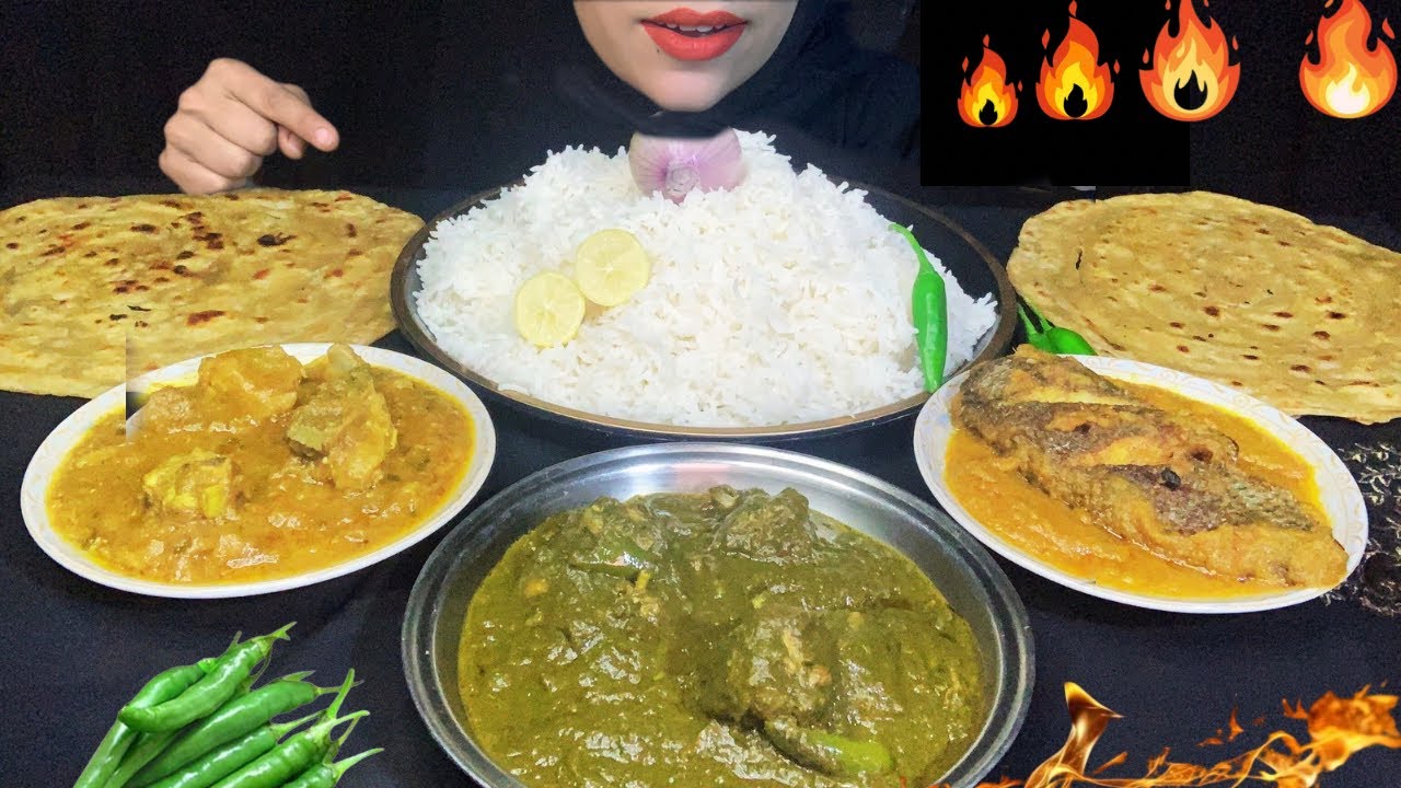 Asmr Eating Palak Gosht+Beef Curry+Whole Fish Curry with Paratha and Rice|| Paratha+ Rice || Mukbang