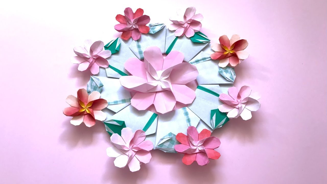 折り紙 コスモスの花 リースの折り方 Origami Cosmos flower wreath tutorial（NiceNo1）