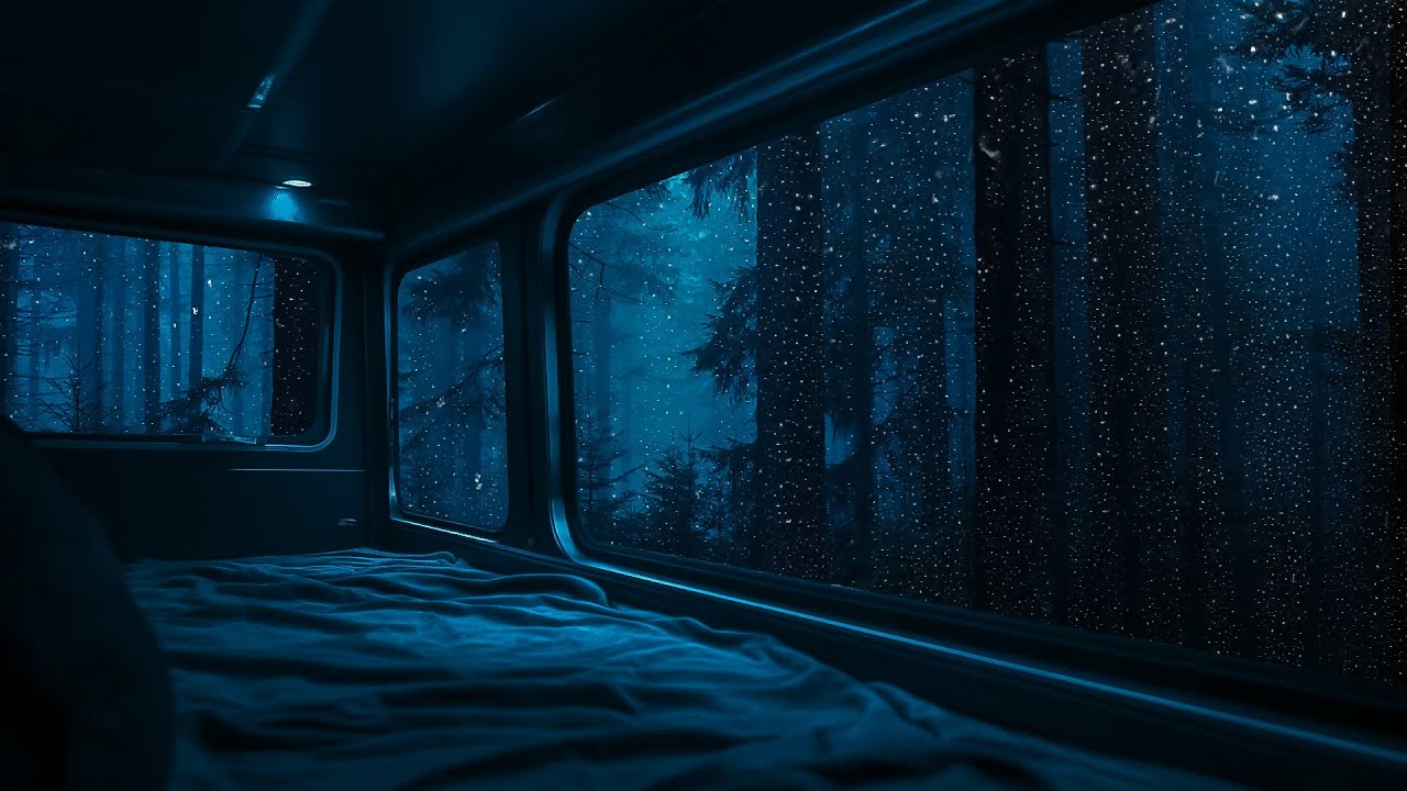 Sleep well in the car cabin parked at the edge of the forest when it is pouring rain