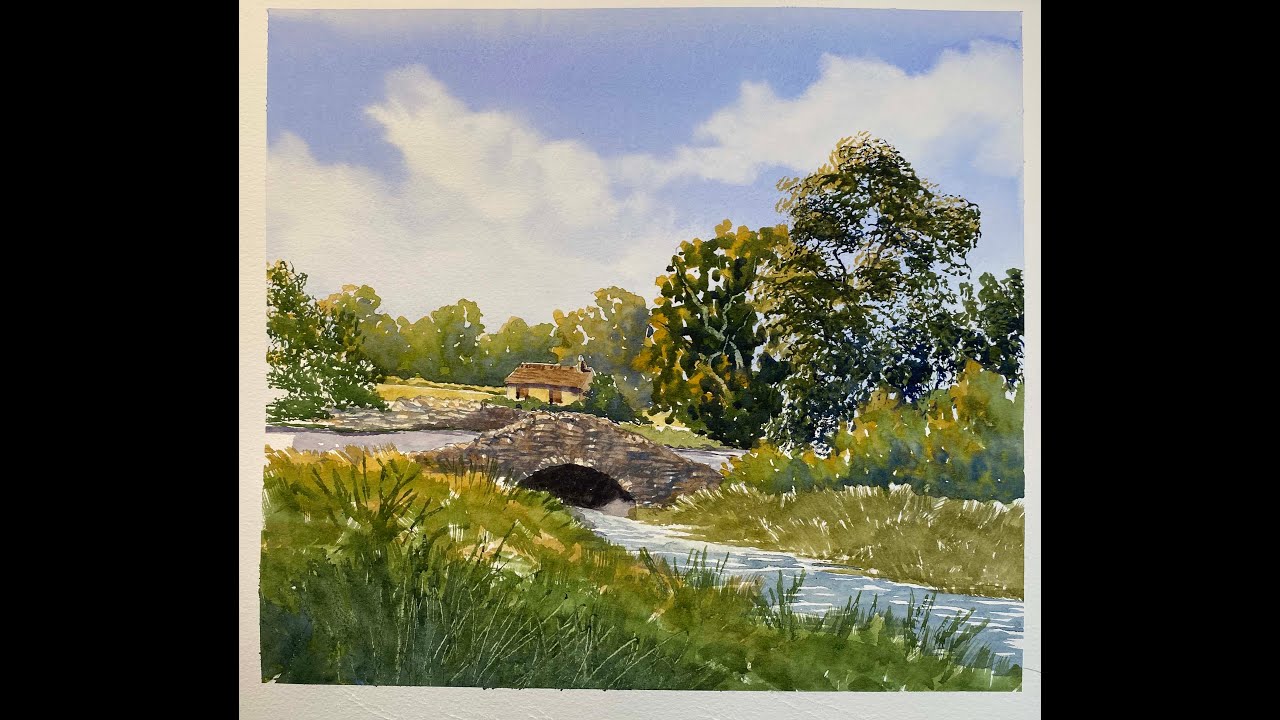Step by step painting of a house behind a bridge.