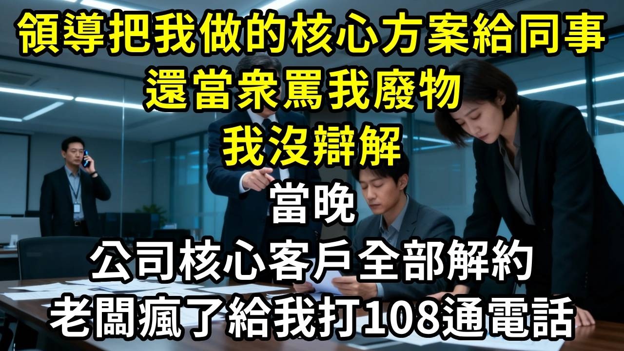 領導把我做的核心方案給同事，還當衆罵我廢物，我沒辯解。當晚，公司核心客戶全部解約，老闆瘋了給我打108通電話#高田小說社