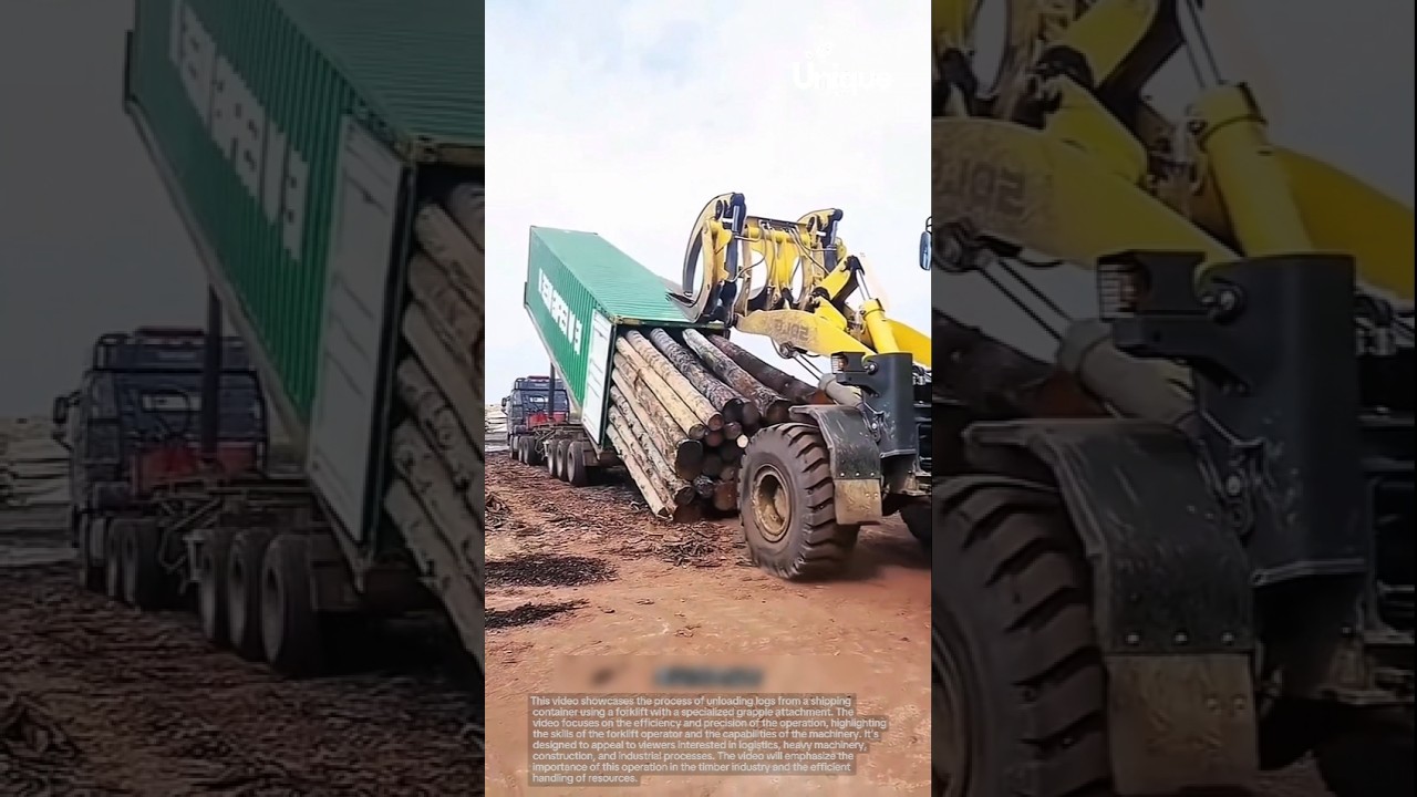 Unloading logs: container unloading with a forklift