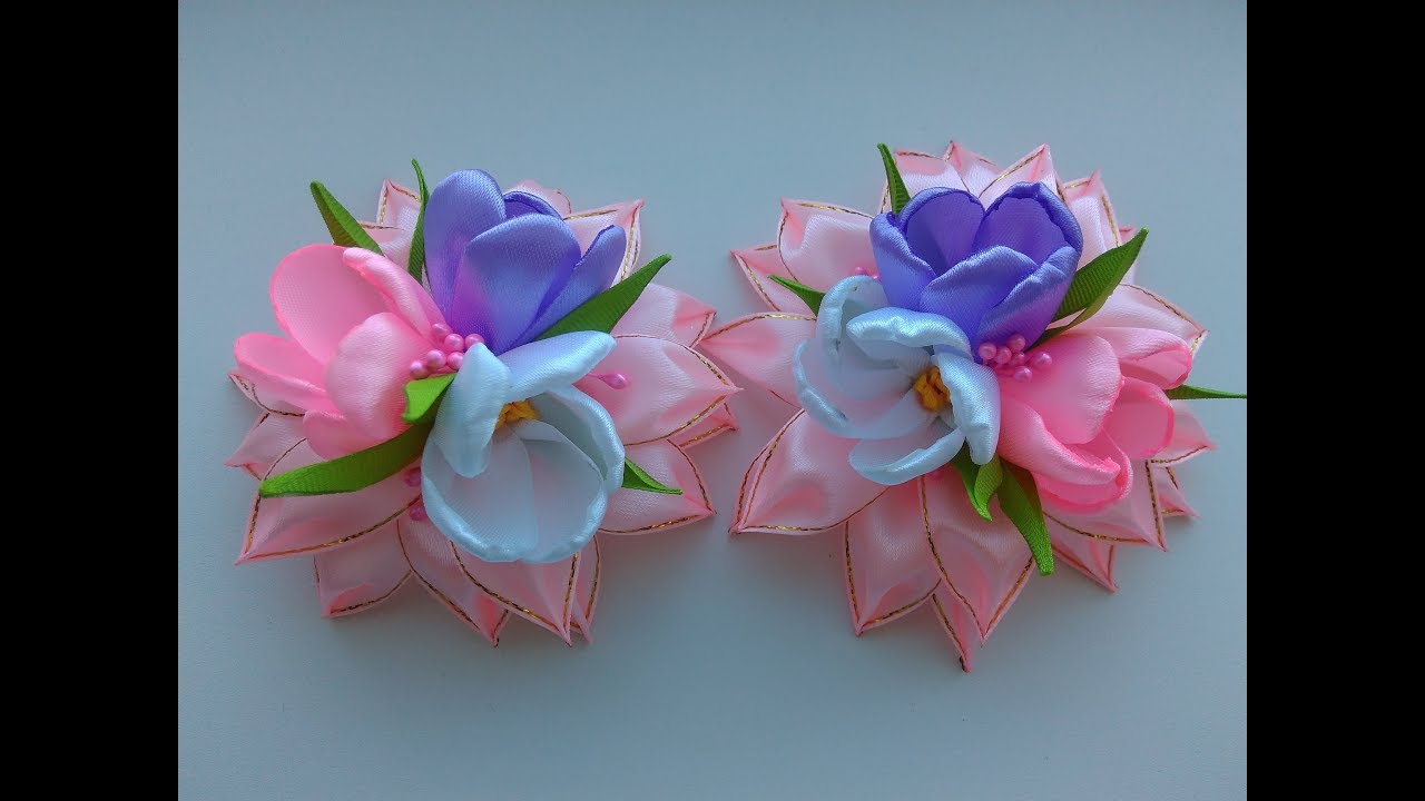 Нарядные Весенние бантики из лент МК Канзаши / Spring dressy ribbon bows Kanzashi MK