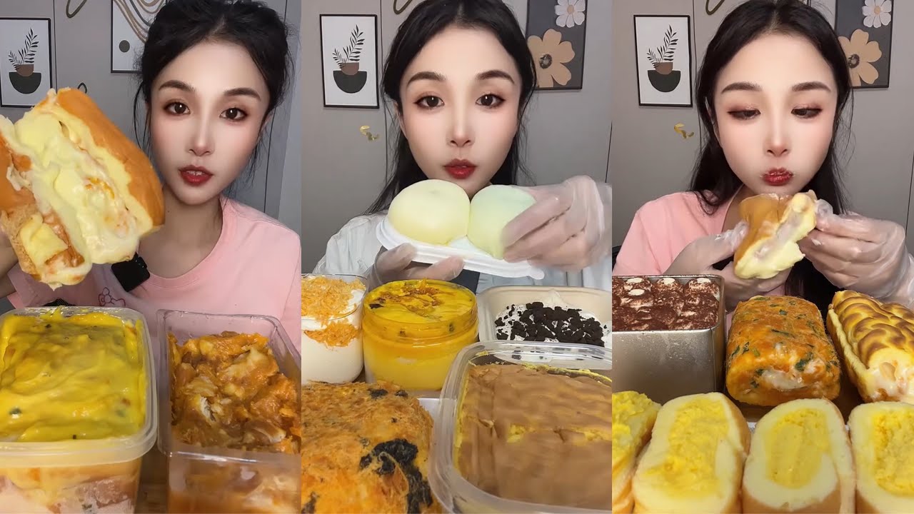 ASMR MUKBANG - MUKBANG SOUND - CUSTARD SAUCE FLOSS CAKE, MOCHI, ROLL CAKE