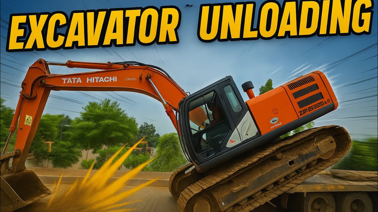 Unloading BEAST🔥! Tata Hitachi Zaxis 220 LC Excavator from Trailer 💪 #JCB #TataHitachi #jcbvideo